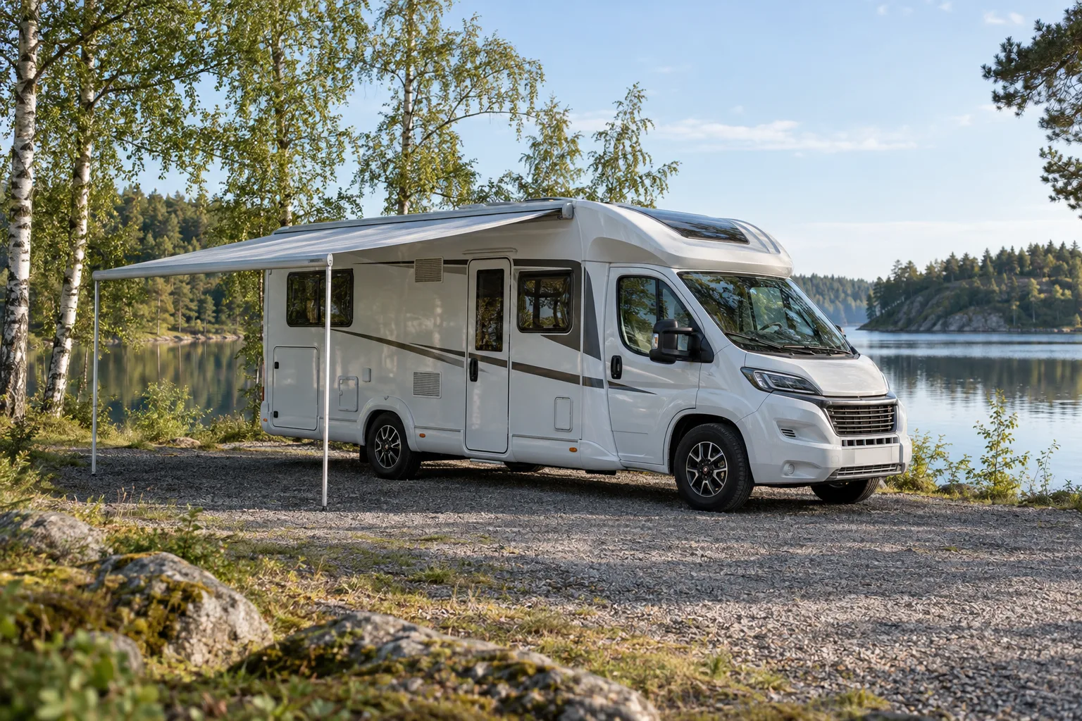 Välskött halvintegrerad husbil med utfälld markis vid en sjö