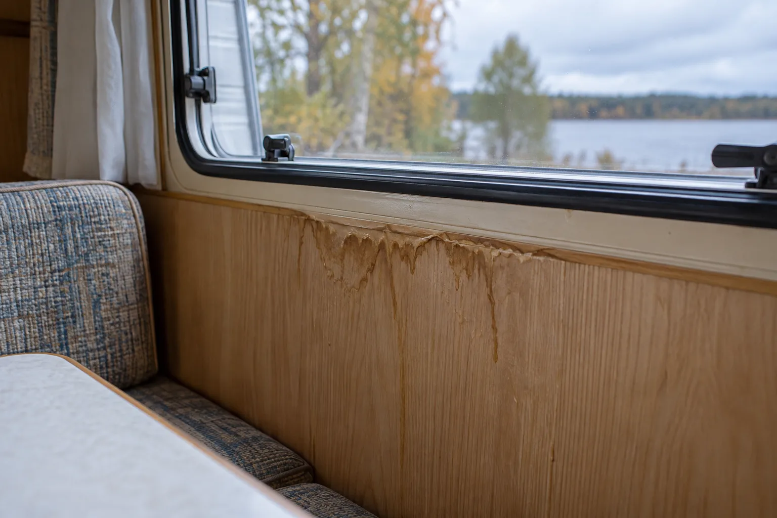 Brun fuktfläck och svälld väggpanel under ett husvagnsfönster