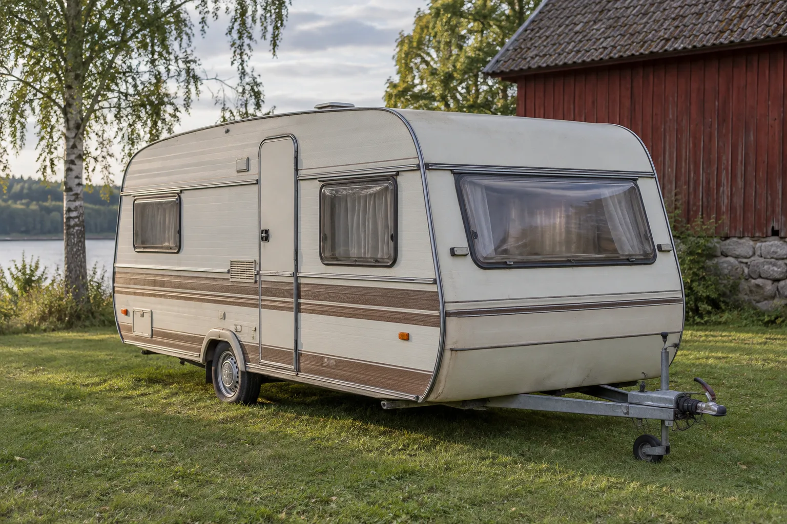 Äldre rundad husvagn med bruna ränder på gräset vid en lada
