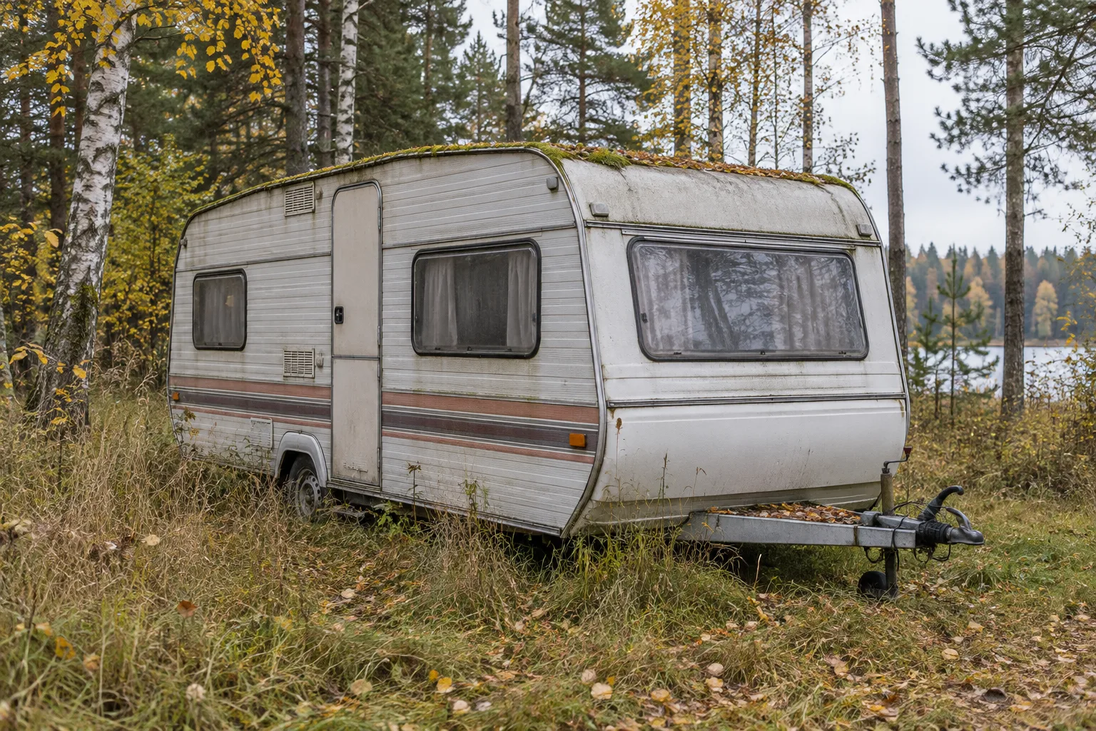 Husvagn i högt gräs med löv på dragstången och mossa längs taket