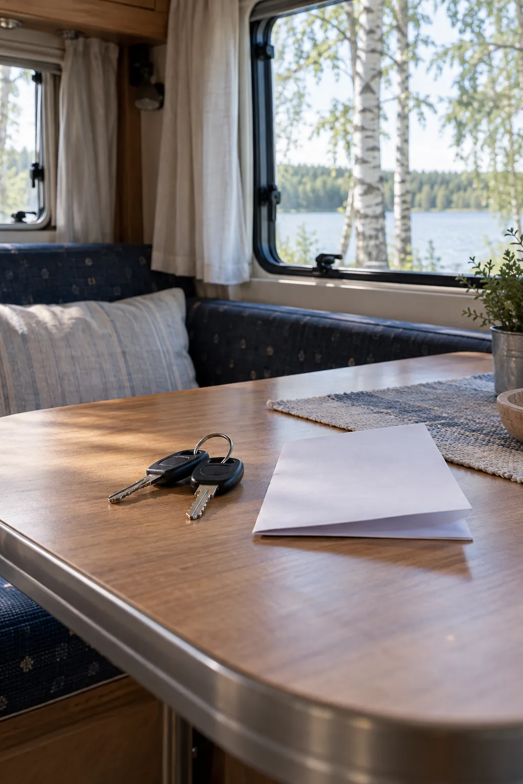 Nycklar och ett vikt blankt papper på bordet i en husvagn
