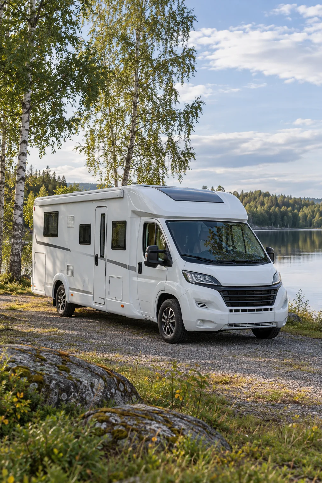 Välskött husbil vid en sjö och björkar