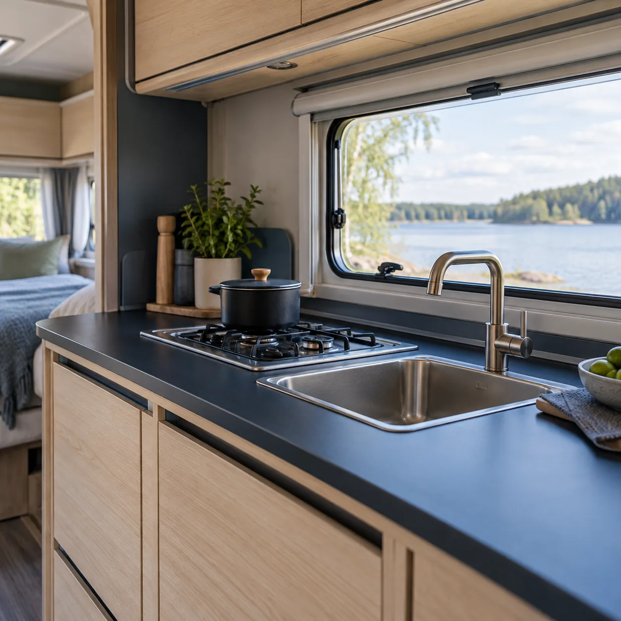 Rent köksblock med diskho i en modern husvagn