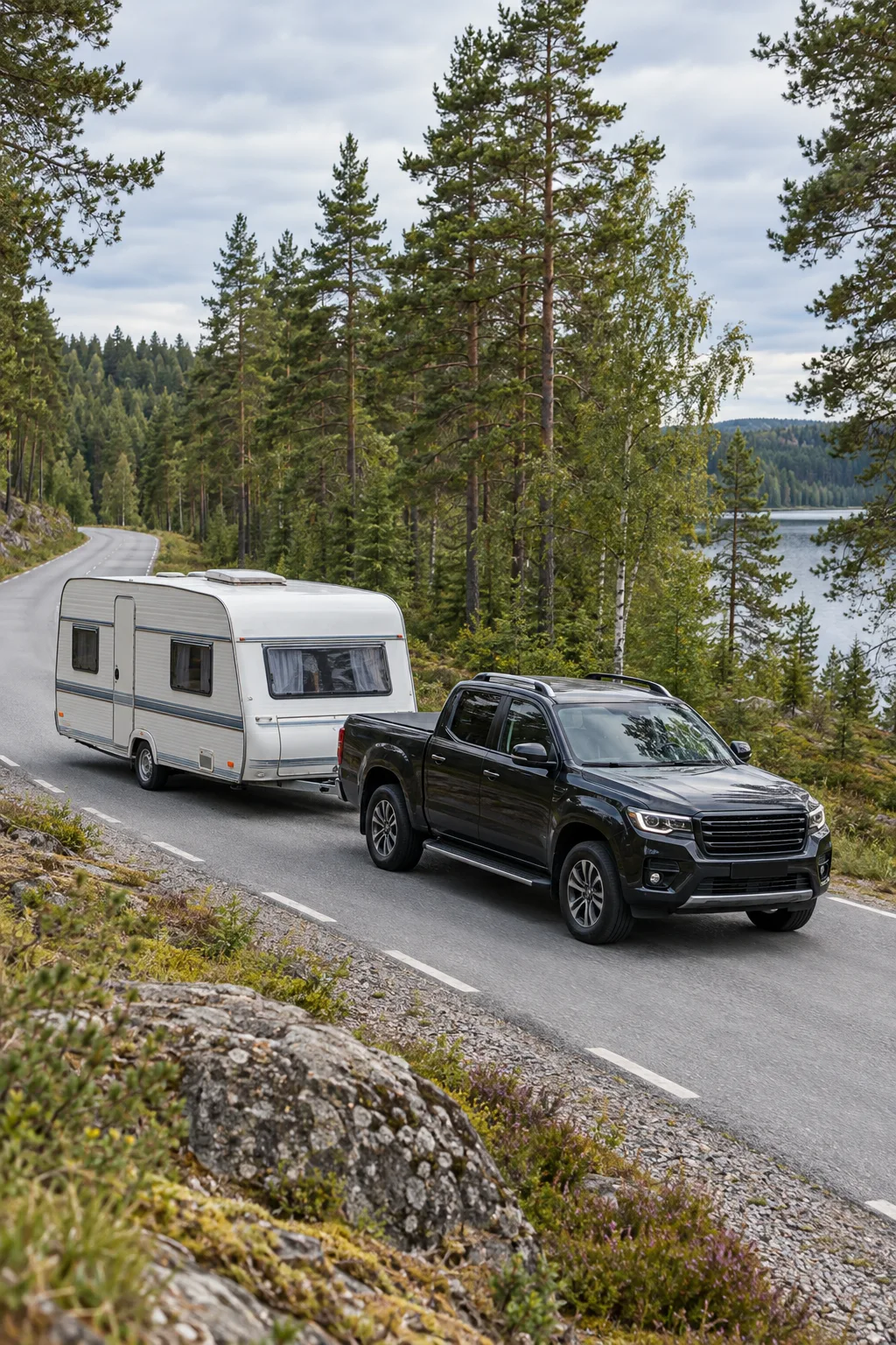 Mörk pickup med husvagn på en tom väg genom tallskog