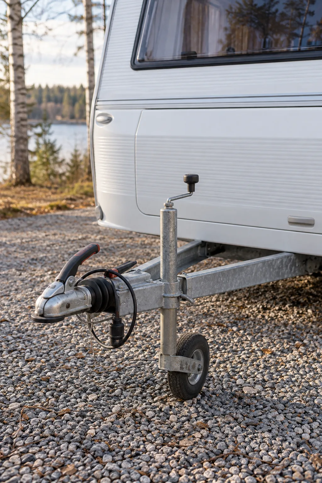 Dragstång, kulkoppling och stödhjul på en äldre husvagn
