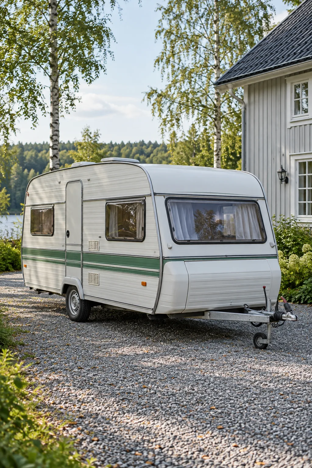 Äldre vit husvagn på en grusuppfart vid ett trähus