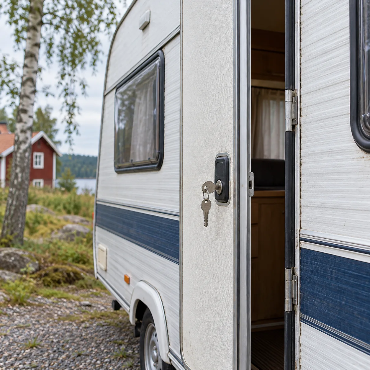 Nycklar i låset på en äldre husvagn med dörren på glänt