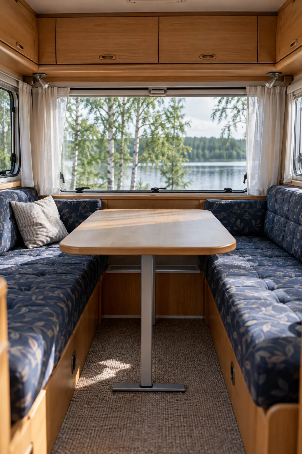 Sittgrupp med bord och tygklädda dynor i en husvagn