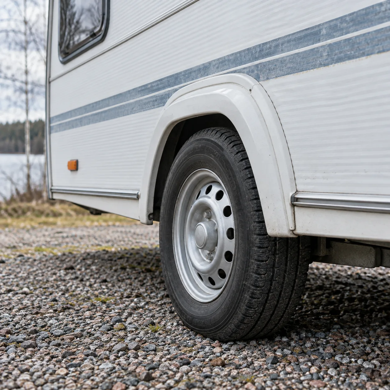 Däck och hjulhus på en äldre husvagn